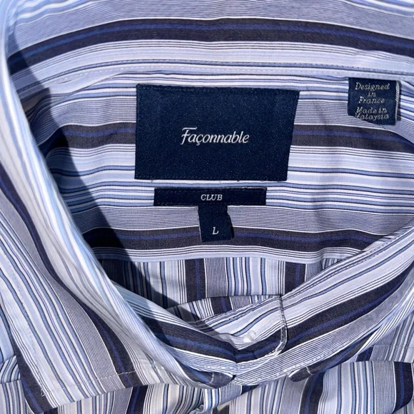 Faconnable Mens Club Shirt Cotton Blue & White Striped Button Up France ~ Size L - Picture 3 of 6